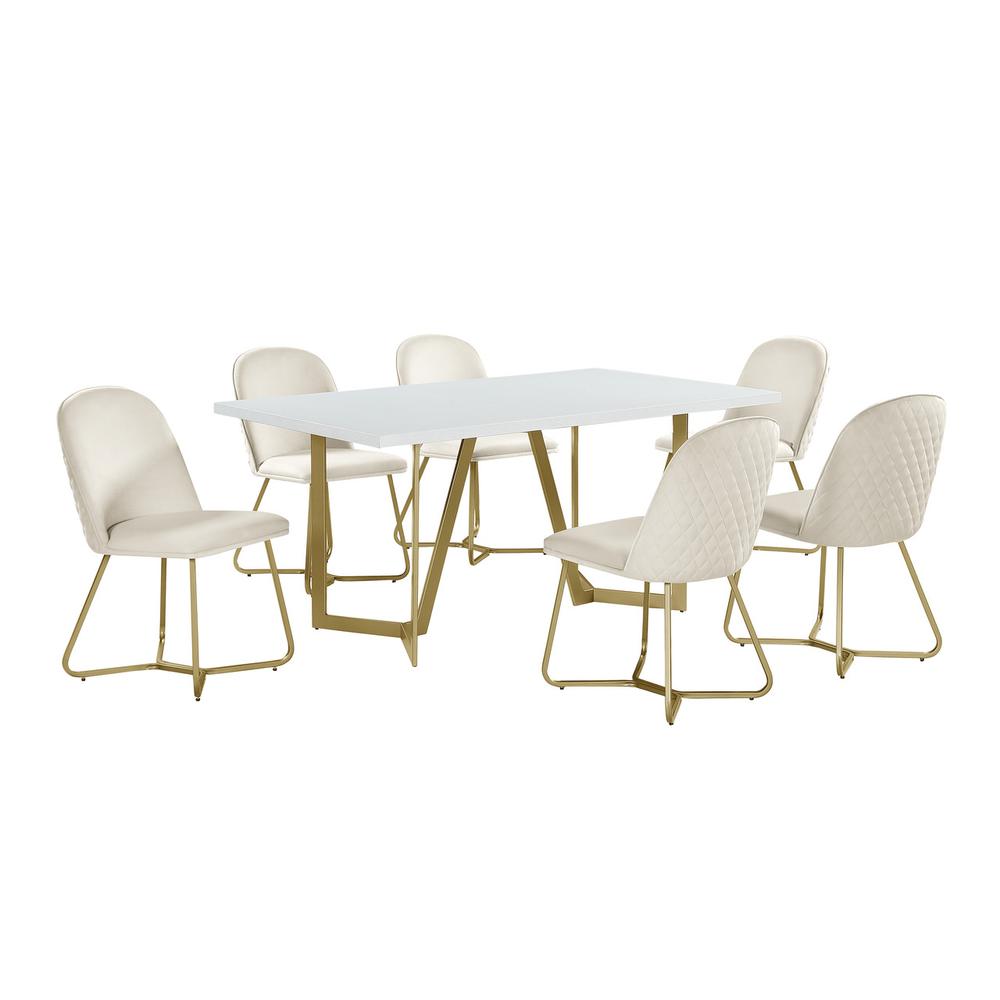 7pc rectangle dining table- White wood top w/ 6 cream velvet side chairs