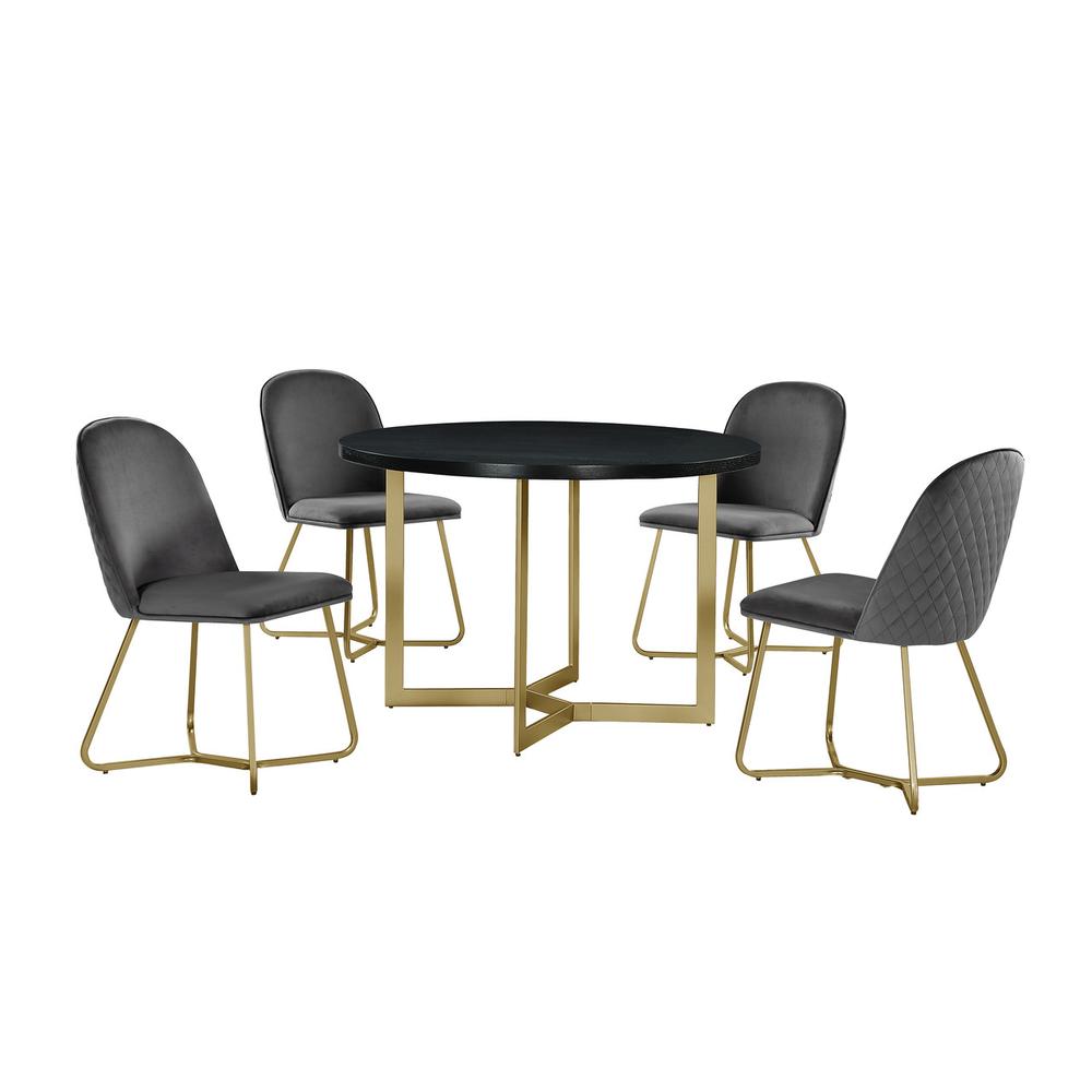 5pc round dining set- Black wood table w/ gold base and 4 Dark Grey color side chairs