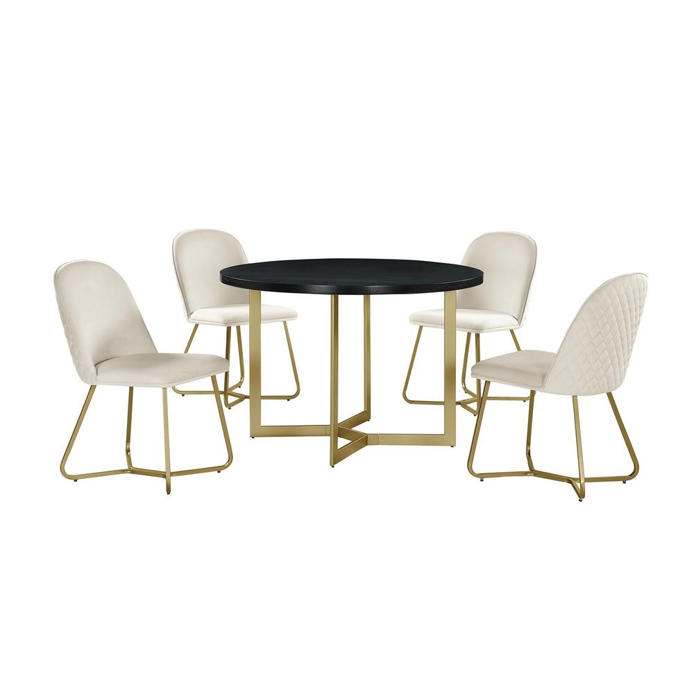 5pc round dining set- Black wood table w/ gold base and 4 Cream color side chairs