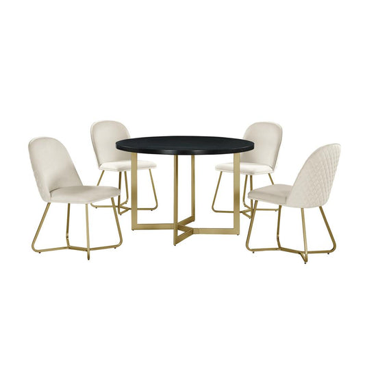 5pc round dining set- Black wood table w/ gold base and 4 Cream color side chairs