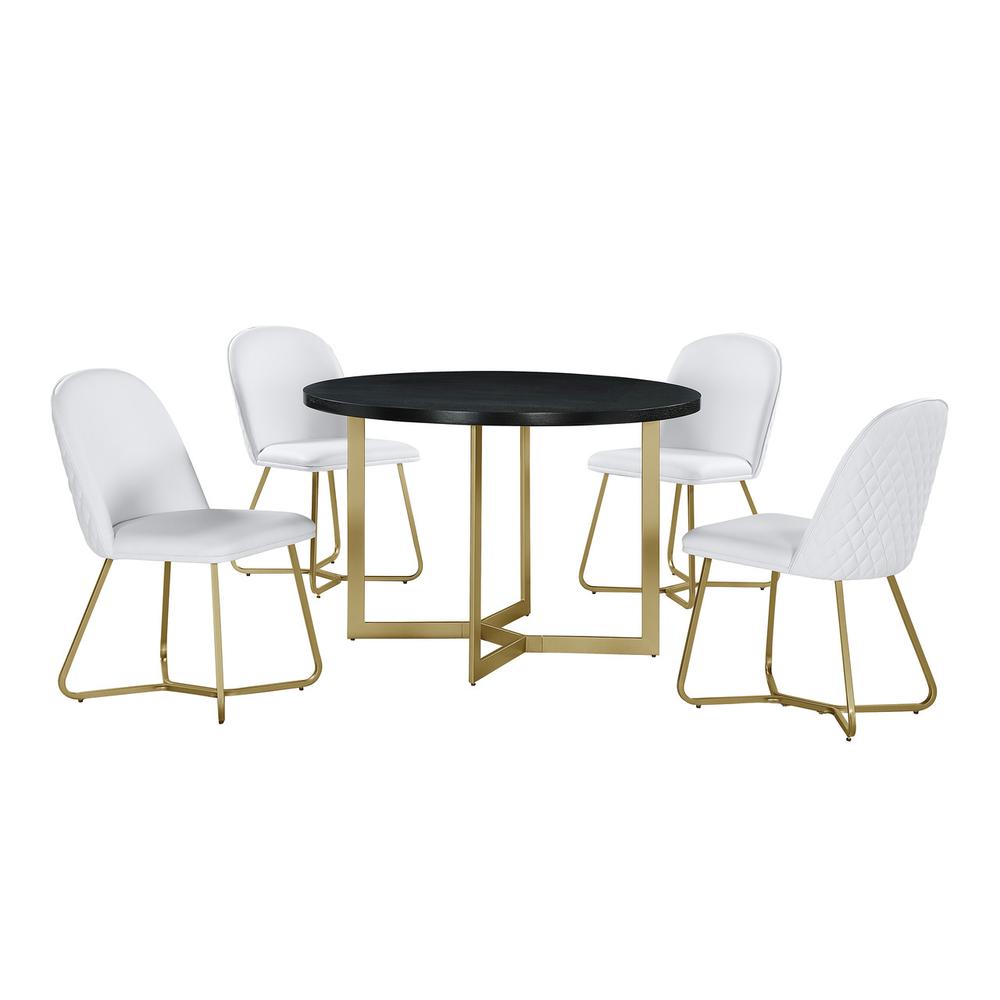 5pc round dining set- Black wood table w/ gold base and 4 White faux leather side chairs