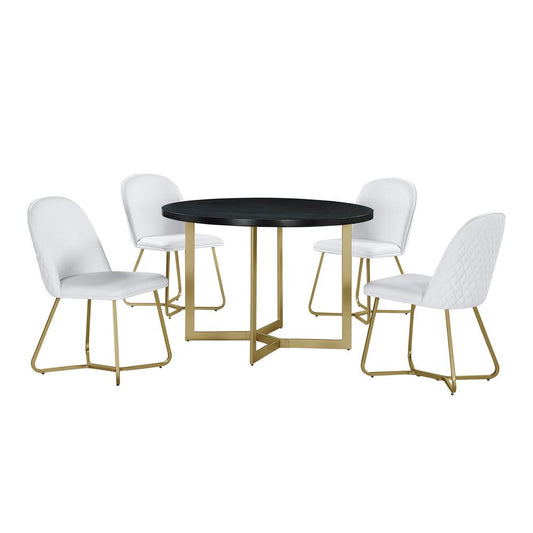 5pc round dining set- Black wood table w/ gold base and 4 White faux leather side chairs