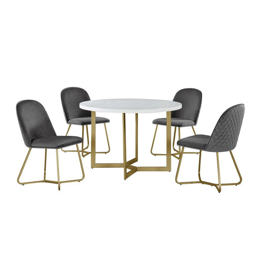 5pc round dining set- White wood table w/ gold base and 4 Dark grey velvet side chairs