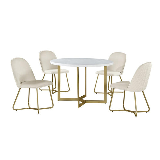 5pc round dining set-White wood table w/ gold base and 4 Cream color side chairs