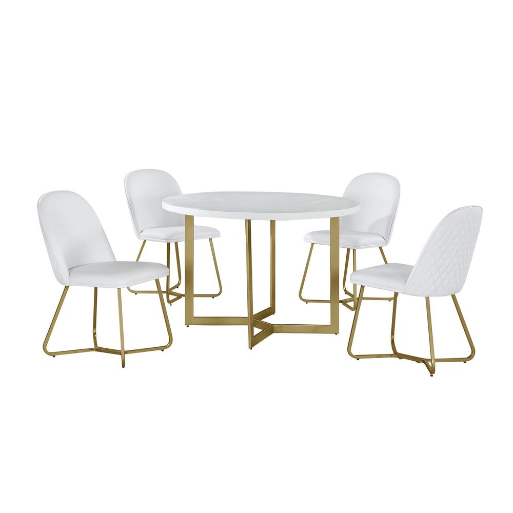 5pc round dining set- White wood table w/ gold base and 4 White faux leather side chairs