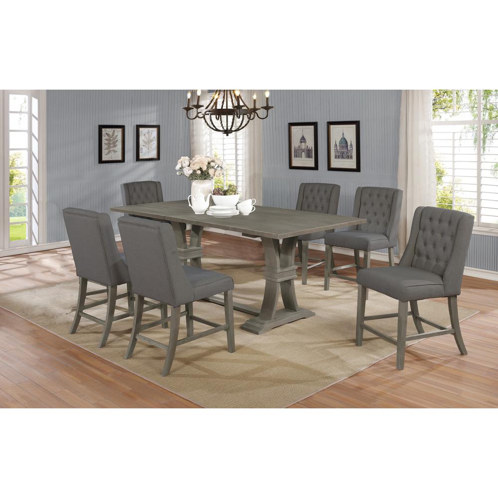 7 piece Counter Height set Rustic Finish with Gray linen fabric chairs