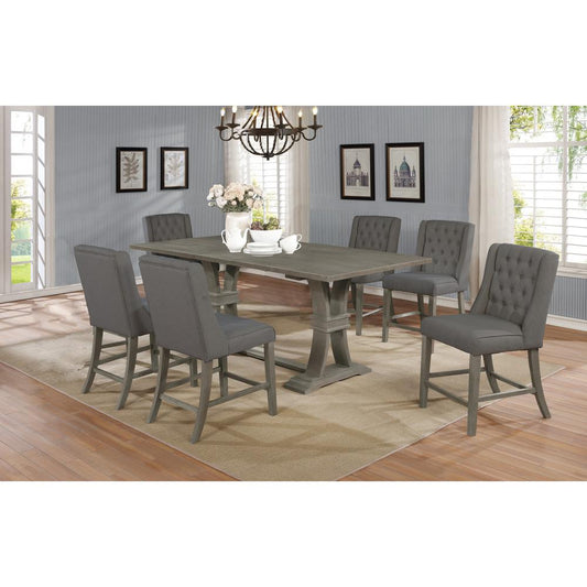 7 piece Counter Height set Rustic Finish with Gray linen fabric chairs