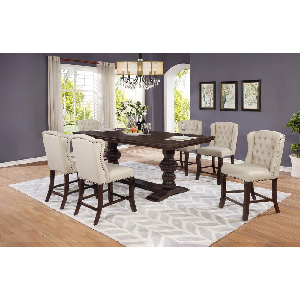 7 piece Counter Height set Cappuccino Finish with Beige linen fabric chairs