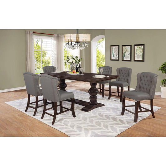 7 piece Counter Height set Cappuccino Finish with Gray linen fabric chairs