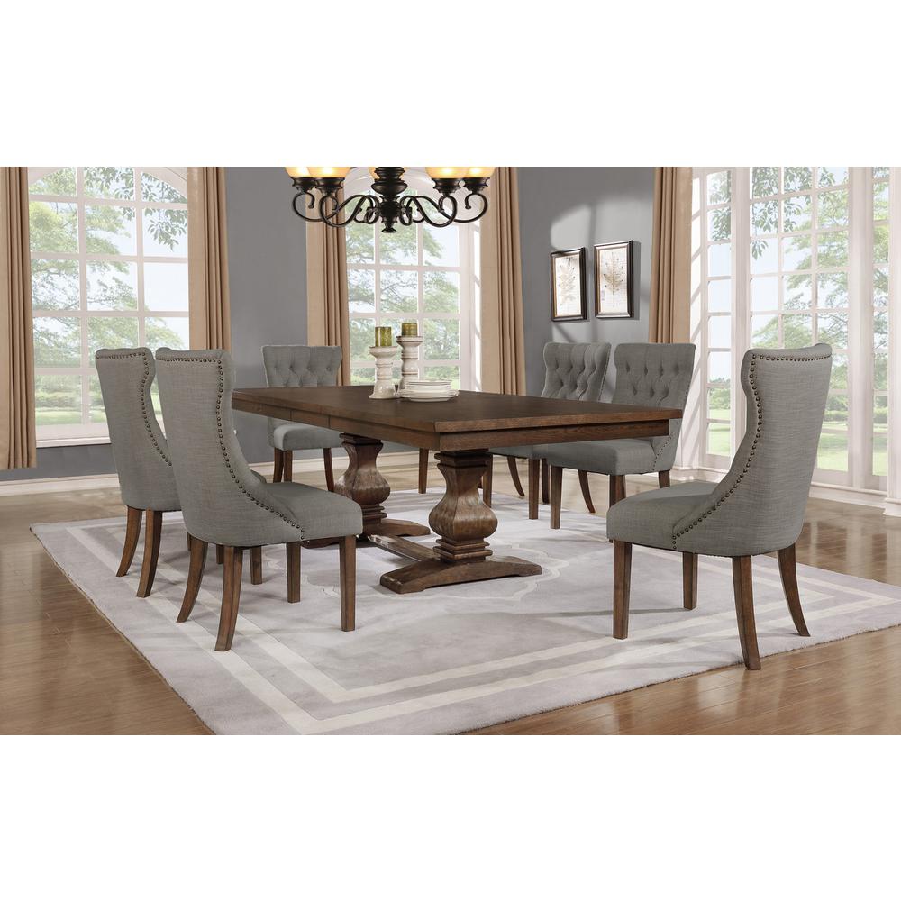 7 piece set Walnut Wood Dining Set with Gray linen fabric chairs