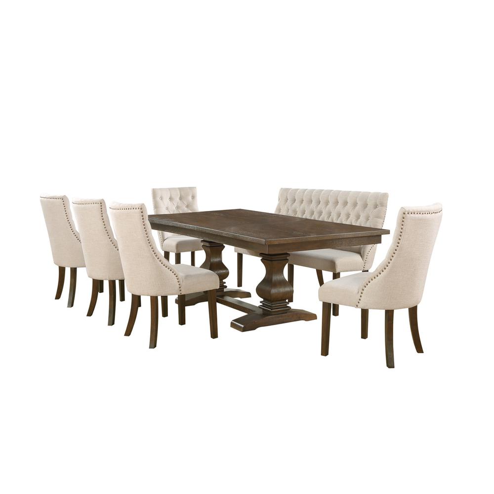 7pc dining set- Expandable dinging table with 5 upholstered beige side chairs and 1 matching side bench