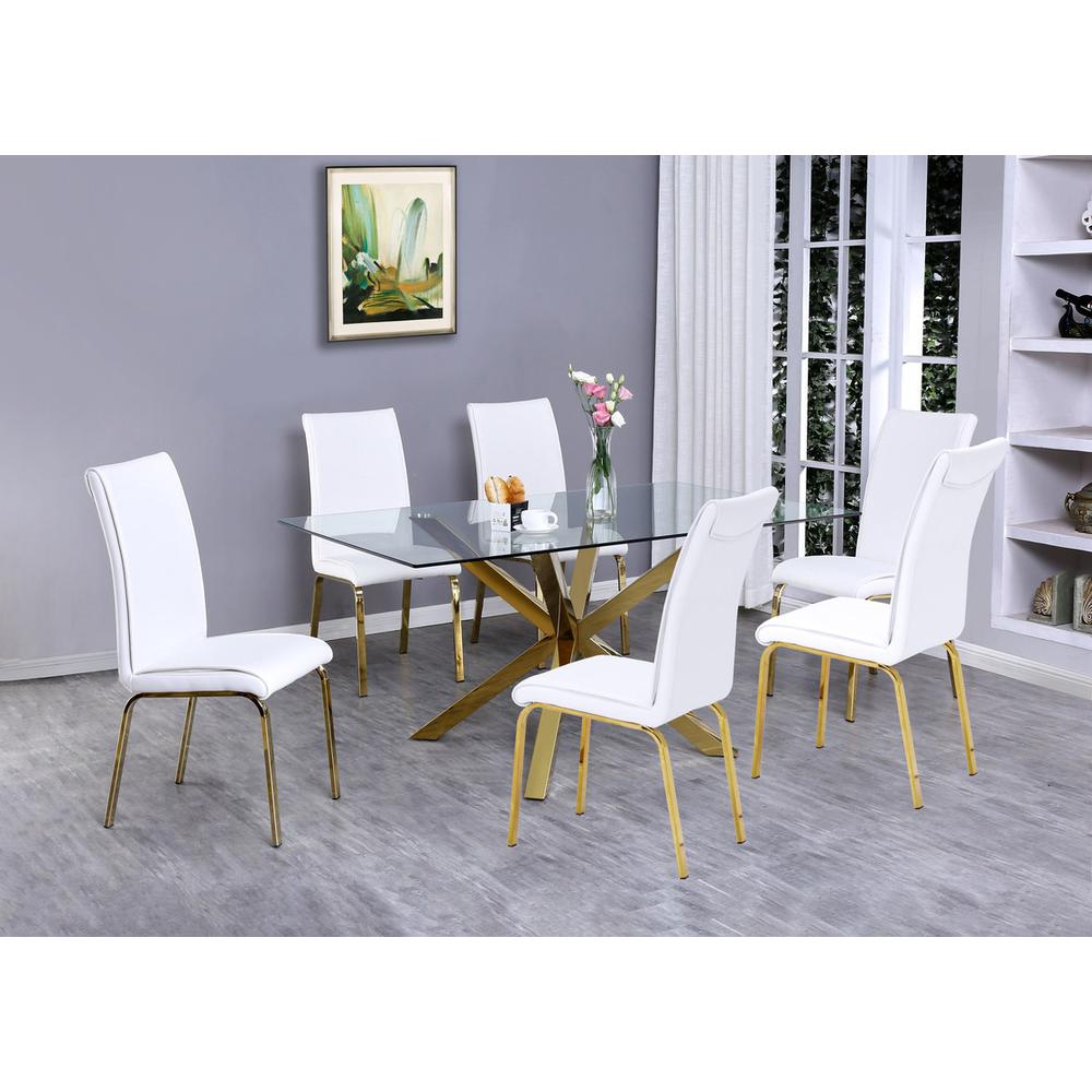 7 Piece Glass dinning Table Set with 6 White Faux Leather Chairs/ Gold Stainless Steel legs