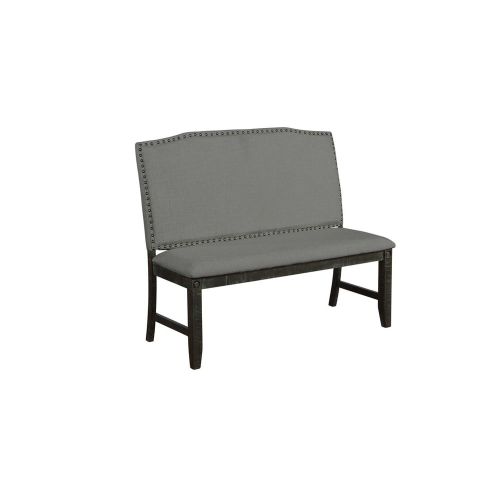 Classic Upholstered Dining Bench w/ Nailhead Trim in Linen Fabric, Dark Grey