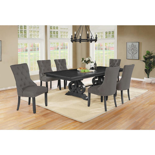 7 Piece Dining set with Dark Gray Solid wood Table, and Gray Linen Fabric Side Chairs