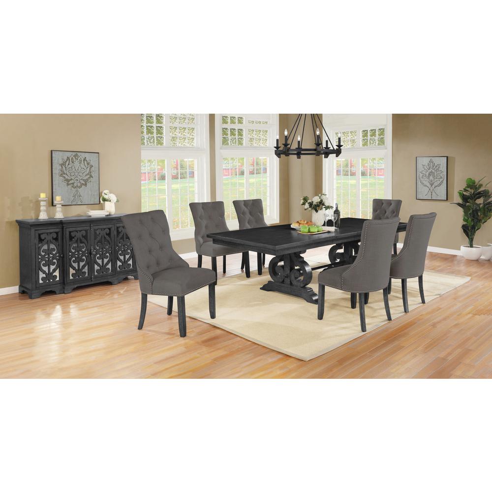 8 Piece Dining set with Dark Gray Solid wood Table, Gray Linen Fabric Side Chairs, and Server