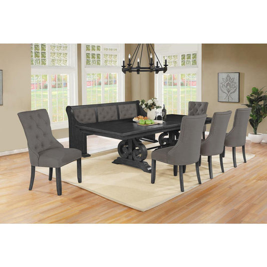 7 Piece Dining set with Dark Gray Solid wood Table, 5 Gray Linen Fabric Side Chairs, and One Matching Bench