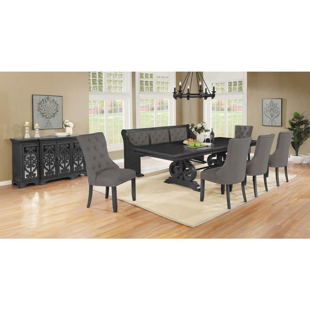 8 Piece Dining set with Dark Gray Solid wood Table, 5 Gray Linen Fabric Side Chairs, Bench, and Server