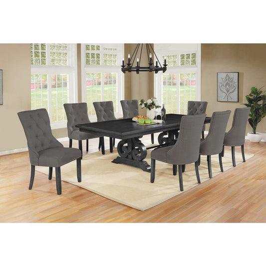 9 Piece Dining set with Dark Gray Solid wood Table and 8 Gray Linen Fabric Side Chairs