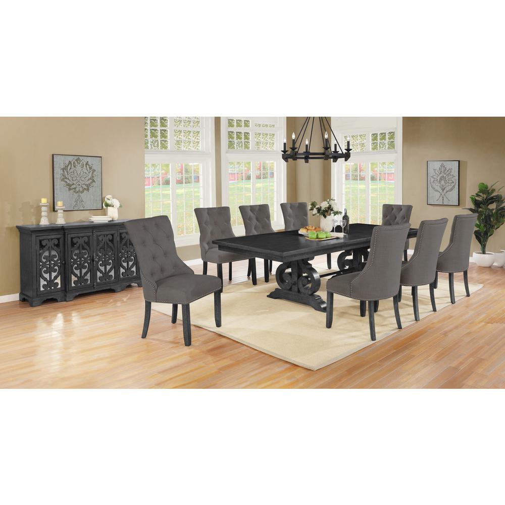 10 Piece Dining set with Dark Gray Solid wood Table, 8 Gray Linen Fabric Side Chairs, and a matching Sever