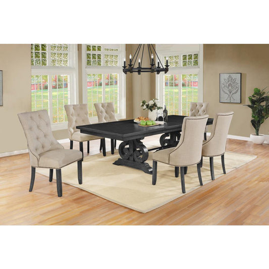 7 Piece Dining set with Dark Gray Solid wood Table, and Beige Linen Fabric Side Chairs