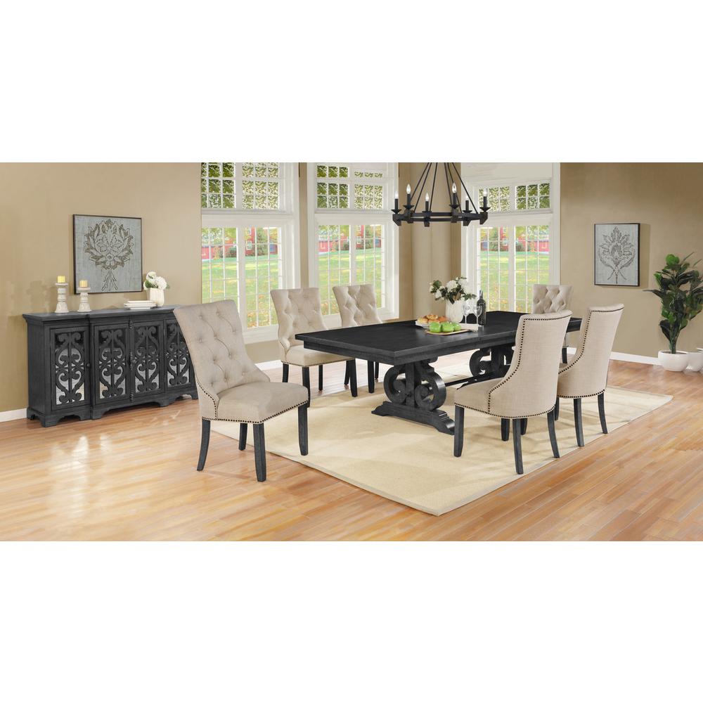 8 Piece Dining set with Dark Gray Solid wood Table, Beige Linen Fabric Side Chairs, and Server