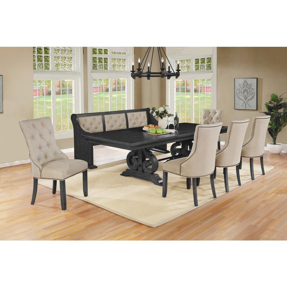 7 Piece Dining set with Dark Gray Solid wood Table, 5 Beige Linen Fabric Side Chairs, and One Matching Bench