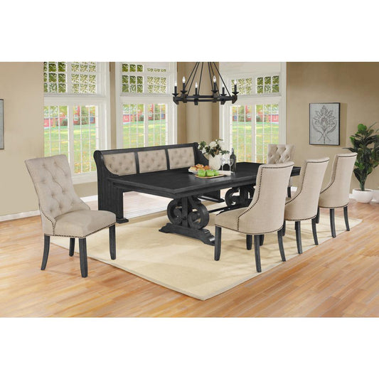 7 Piece Dining set with Dark Gray Solid wood Table, 5 Beige Linen Fabric Side Chairs, and One Matching Bench