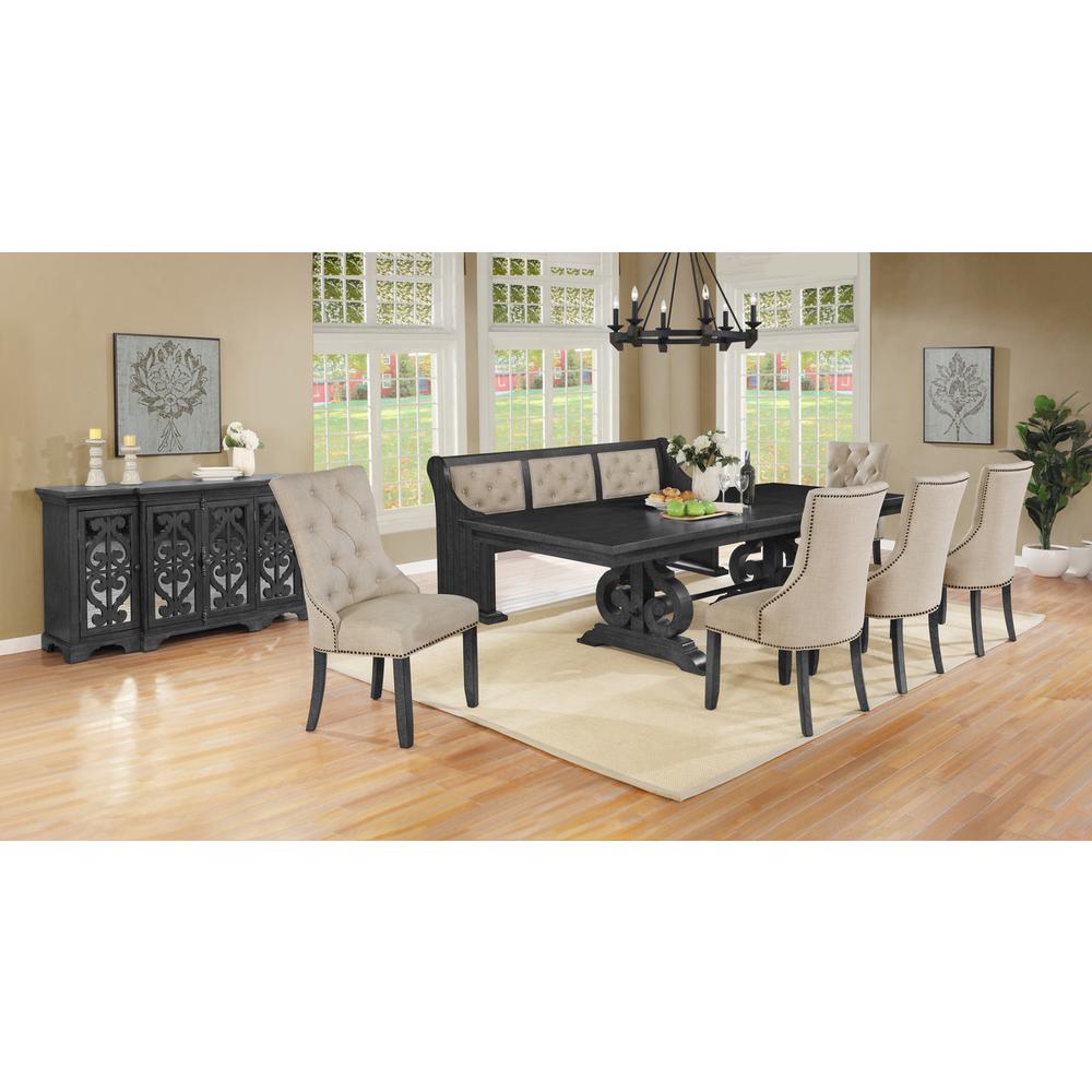 8 Piece Dining set with Dark Gray Solid wood Table, 5 Beige Linen Fabric Side Chairs, Bench, and Server