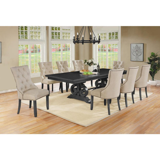 9 Piece Dining set with Dark Gray Solid wood Table and 8 Beige Linen Fabric Side Chairs