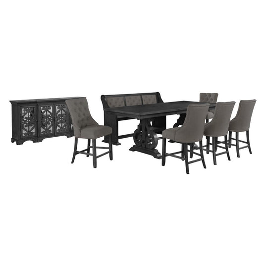 8 piece counter height set with 5 gray side chairs, matching bench, and server