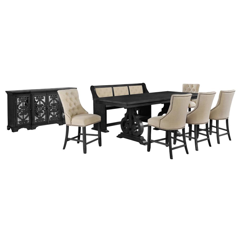 8 piece counter height set with 5 beige side chairs, matching bench, and server