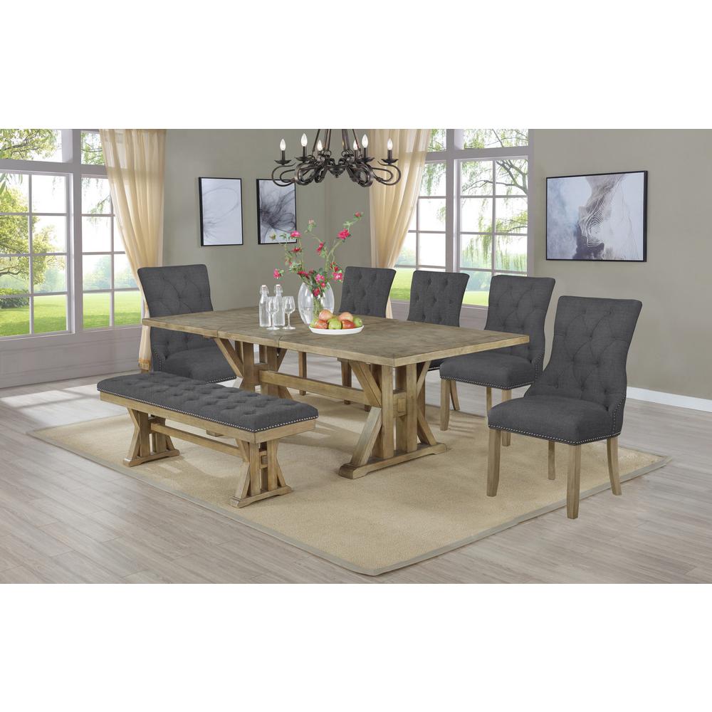 7 piece Dining Set with leaf for expandable table, Five Gray linen fabric chairs, and one bench in Gray