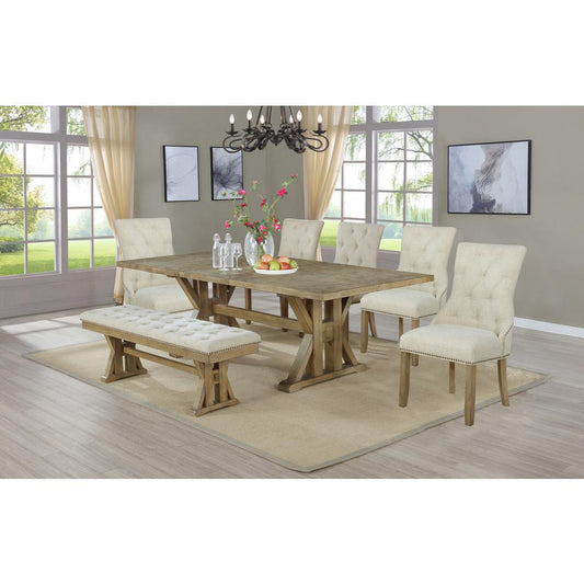 7 piece Dining Set with leaf for expandable table, Five Beige linen fabric chairs, and one bench in Beige