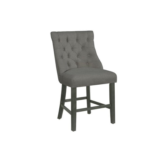 Counter height dining chairs in dark grey linen fabric with tufted buttons