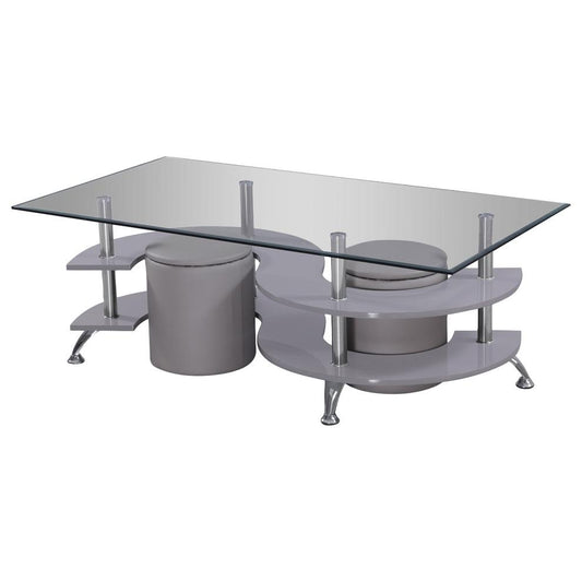 High Gloss Lacquer Coffee Table with Glass Top, Faux Leather Stools, and Stool Storage, Gray