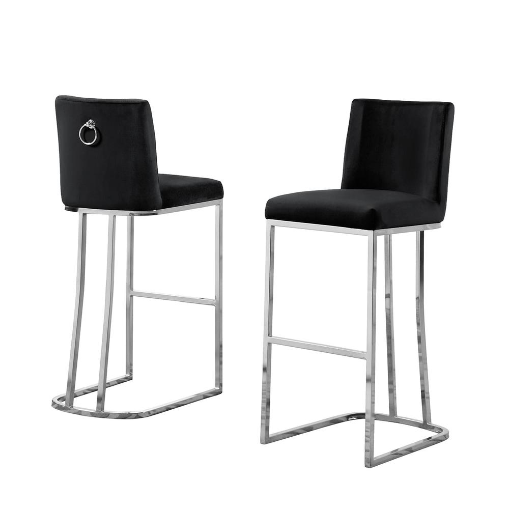 29" Velvet Barstool, Black, Chrome Base (Set of 2)