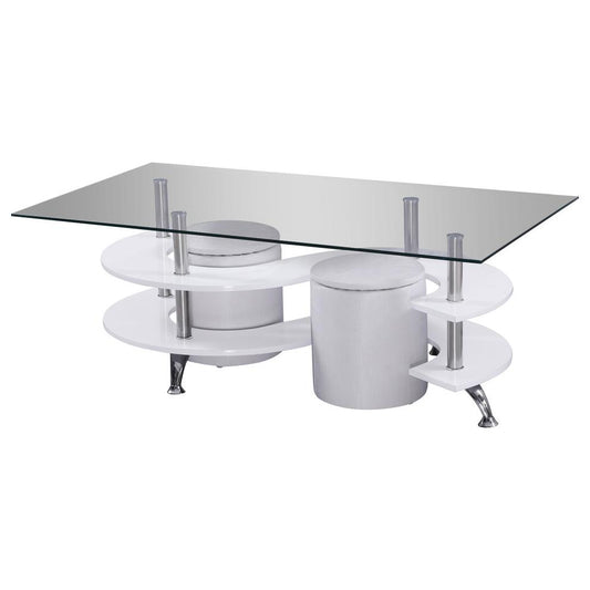 High Gloss Lacquer Coffee Table with Glass Top, Faux Leather Stools, and Stool Storage, White