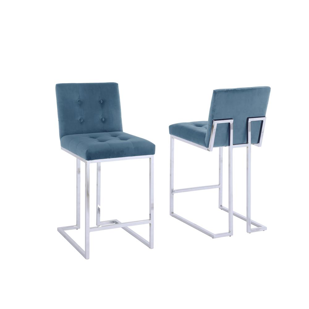 24" Counter Height Chair Teal Velvet Button, Chrome Base, set of 2