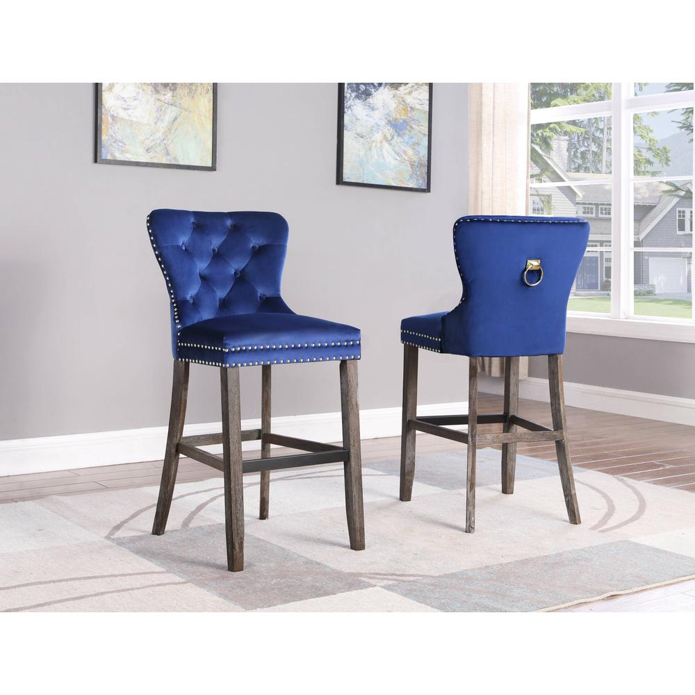 24" Tufted Velvet Upholstered Bar stool in Oceanic Blue, Set of 2, Oceanic Blue