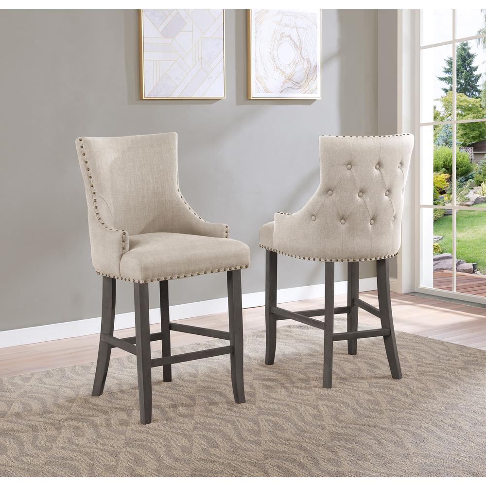 24" Tufted Linen Bar Stools in Beige (Set of 2), Beige