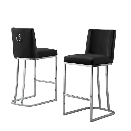 24" Velvet Counter Stool, Black, Chrome Base (Set of 2)