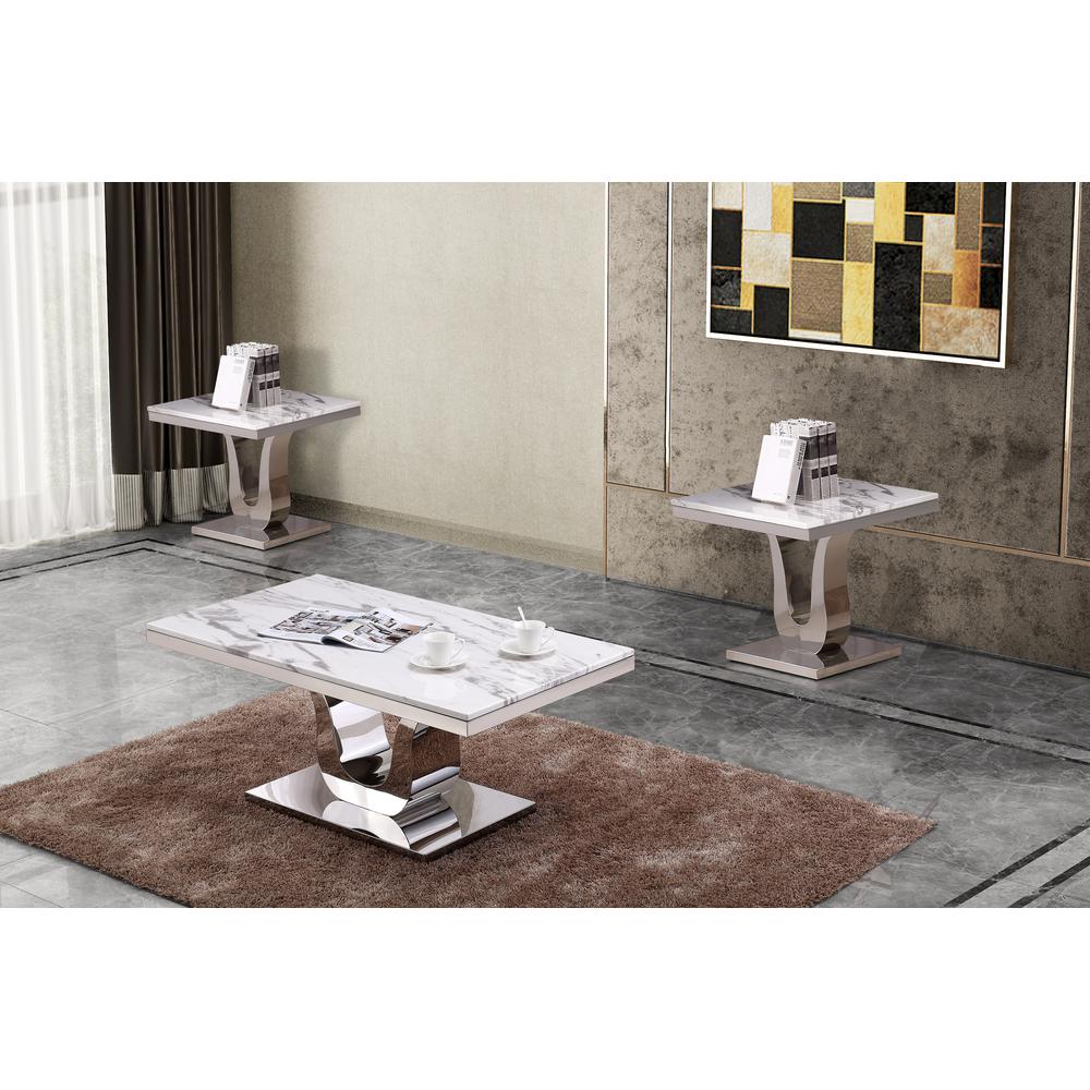 White Marble Coffee Table Set: Coffee Table, 2 End Tables w/Stainless Steel U-Base