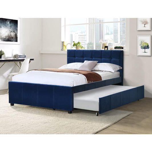 Full Bed With Twin Trundle in Navy Blue Velvet Fabric