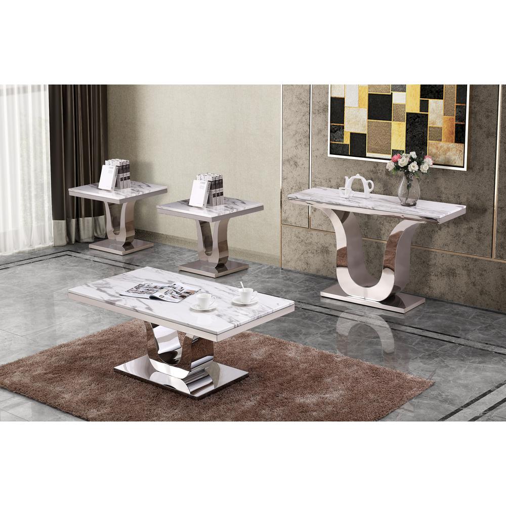 White Marble Coffee Table Set: Coffee Table, 2 End Tables, Console Table w/Stainless Steel U-Base