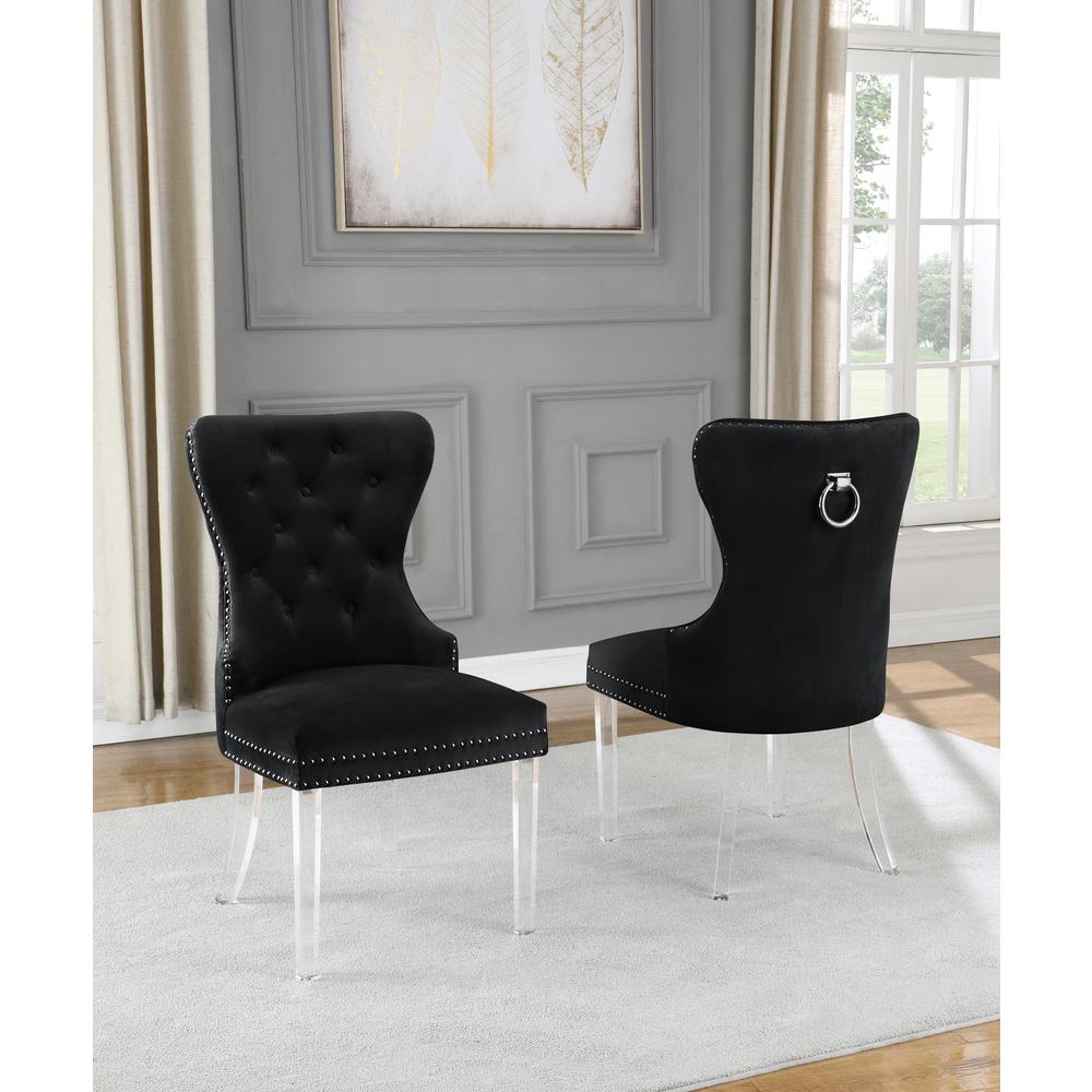 Black Velvet Tufted Dining Side Chairs, Acrylic Legs - Set of 2