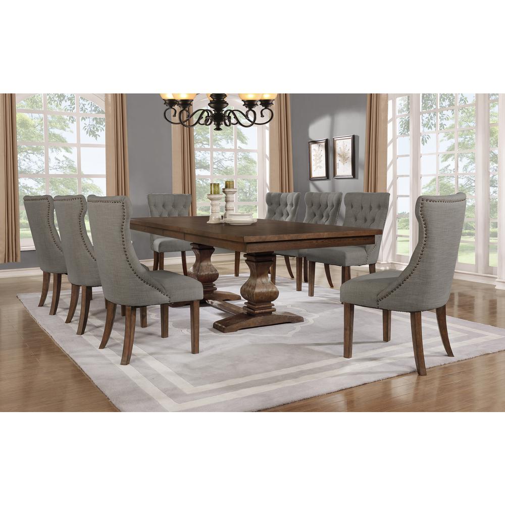 9 piece set Walnut Wood Dining Set with Gray linen fabric chairs