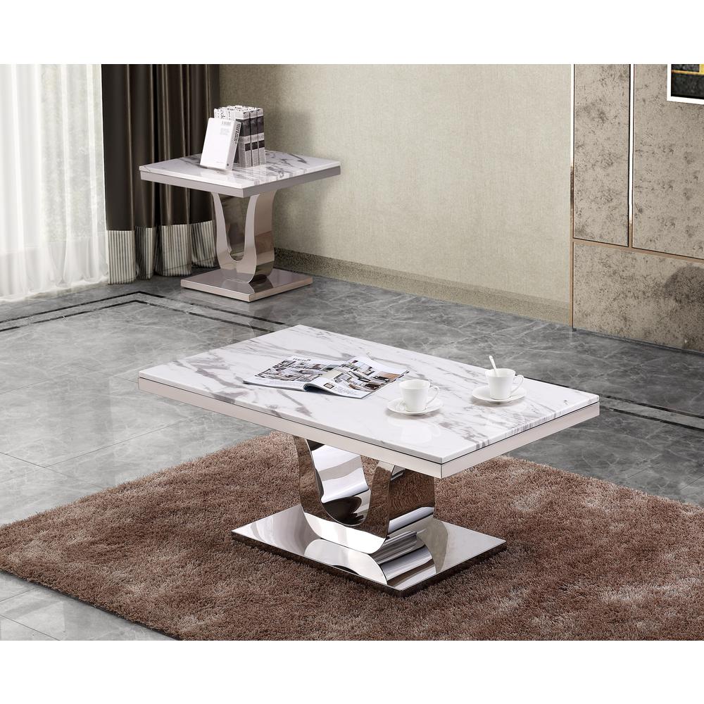 White Marble Coffee Table Set: Coffee Table, End Table w/Stainless Steel U-Base