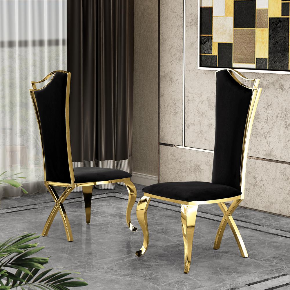 Black Velvet Side Chair Set of 2, Stainless Steel Gold Legs