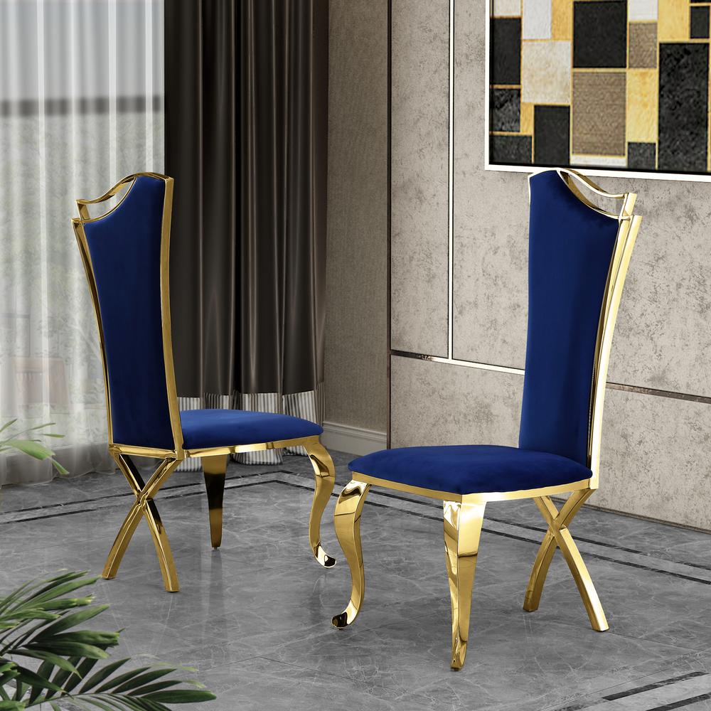 Velvet Side Chair Set of 2, Stainless Steel Gold Legs, Navy Blue