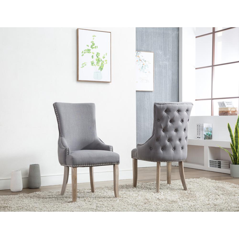 Tufted Dining Side Chair in Dark Grey Linen (Set of 2)